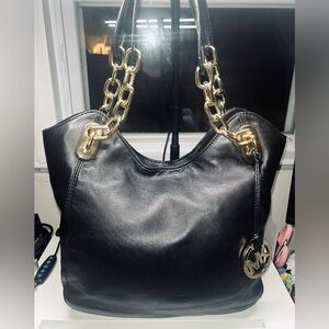 Michael Kors Black Leather Shoulder Bag with Gold Chain Straps